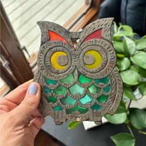 Vintage 1970's Stained Glass Cast Iron Owl Napkin Holder Suncatcher Style Retro